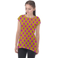 Pink Stars Pattern On Yellow Cap Sleeve High Low Top by BrightVibesDesign