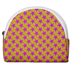 Pink Stars Pattern On Yellow Horseshoe Style Canvas Pouch by BrightVibesDesign