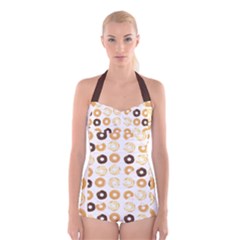 Donuts Pattern With Bites Bright Pastel Blue And Brown Cropped Sweatshirt Boyleg Halter Swimsuit  by genx