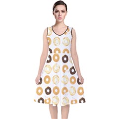 Donuts Pattern With Bites Bright Pastel Blue And Brown Cropped Sweatshirt V-neck Midi Sleeveless Dress  by genx