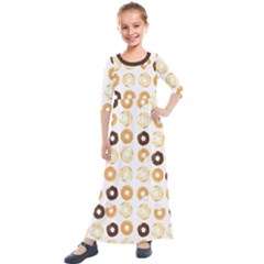 Donuts Pattern With Bites Bright Pastel Blue And Brown Cropped Sweatshirt Kids  Quarter Sleeve Maxi Dress by genx