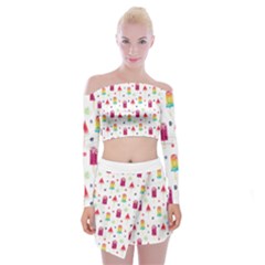 Popsicle Juice Watercolor With Fruit Berries And Cherries Summer Pattern Off Shoulder Top With Mini Skirt Set by genx