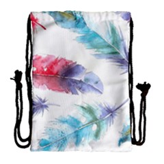 Feathers Boho Style Purple Red And Blue Watercolor Drawstring Bag (large) by genx