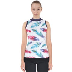 Feathers Boho Style Purple Red And Blue Watercolor Mock Neck Shell Top by genx