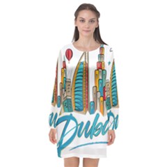 Burj Khalifa Skyline Clip Art Drawing Comic World Long Sleeve Chiffon Shift Dress  by Sudhe