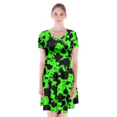 Black And Green Leopard Style Paint Splash Funny Pattern Short Sleeve V-neck Flare Dress by yoursparklingshop