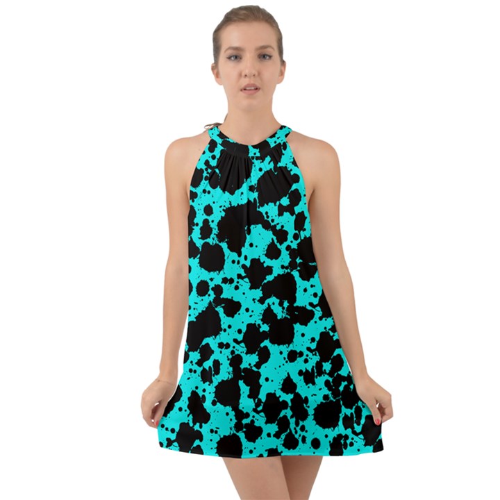 Bright Turquoise and Black Leopard Style Paint Splash Funny Pattern Halter Tie Back Chiffon Dress