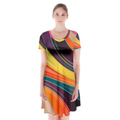 Abstract Colorful Background Wavy Short Sleeve V-neck Flare Dress