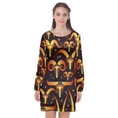 Stylised Horns Black Pattern Long Sleeve Chiffon Shift Dress  by HermanTelo