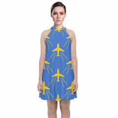 Aircraft Texture Blue Yellow Velvet Halter Neckline Dress  by HermanTelo