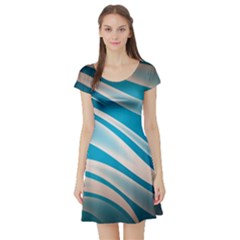 Background Abstract Blue Wavy Short Sleeve Skater Dress