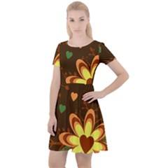Floral Hearts Brown Green Retro Cap Sleeve Velour Dress  by HermanTelo