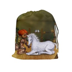 Cute Fairy With Unicorn Foal Drawstring Pouch (xl) by FantasyWorld7