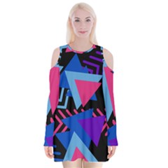 Memphis Pattern Geometric Abstract Velvet Long Sleeve Shoulder Cutout Dress by HermanTelo