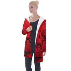 Awesome Creepy Skull With Crowm In Red Colors Longline Hooded Cardigan by FantasyWorld7