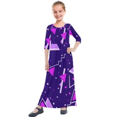 Purple Blue Geometric Pattern Kids  Quarter Sleeve Maxi Dress by HermanTelo