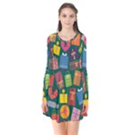 Presents Gifts Background Colorful Long Sleeve V-neck Flare Dress