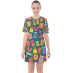 Presents Gifts Background Colorful Sixties Short Sleeve Mini Dress