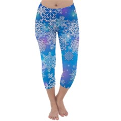 Snowflake Background Blue Purple Capri Winter Leggings  by HermanTelo