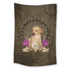 Cute Little Puppy With Flowers Large Tapestry by FantasyWorld7