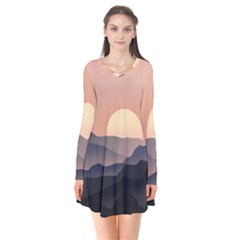 Sunset Sky Sun Graphics Long Sleeve V-neck Flare Dress by HermanTelo