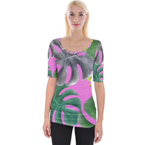 Tropical Greens Pink Leaf Wide Neckline Tee by HermanTelo