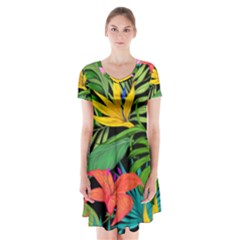 Tropical Greens Leaves Short Sleeve V-neck Flare Dress
