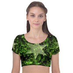 Star Blue Star Space Universe Velvet Short Sleeve Crop Top  by Bajindul