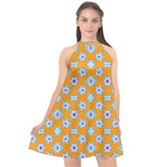 Modern Blue Flowers  On Orange Halter Neckline Chiffon Dress 