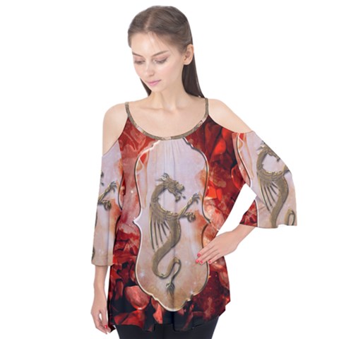 Wonderful Chinese Dragon With Flowers On The Background Flutter Tees by FantasyWorld7