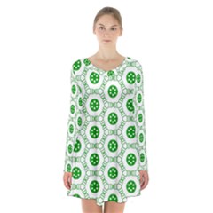 White Background Green Shapes Long Sleeve Velvet V-neck Dress by Nexatart