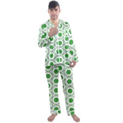 White Background Green Shapes Men s Satin Pajamas Long Pants Set