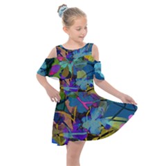 Flowers Abstract Branches Kids  Shoulder Cutout Chiffon Dress