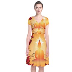 Buddah With Light Effect Short Sleeve Front Wrap Dress by FantasyWorld7