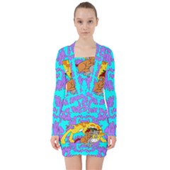 Blue Squad Together Print V-neck Bodycon Long Sleeve Dress