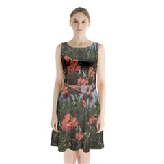 Faded Poppy Field  Sleeveless Waist Tie Chiffon Dress by okhismakingart