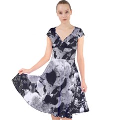 Black And White Snowballs Cap Sleeve Front Wrap Midi Dress