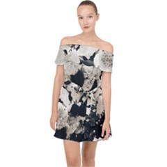 High Contrast Black And White Snowballs Off Shoulder Chiffon Dress