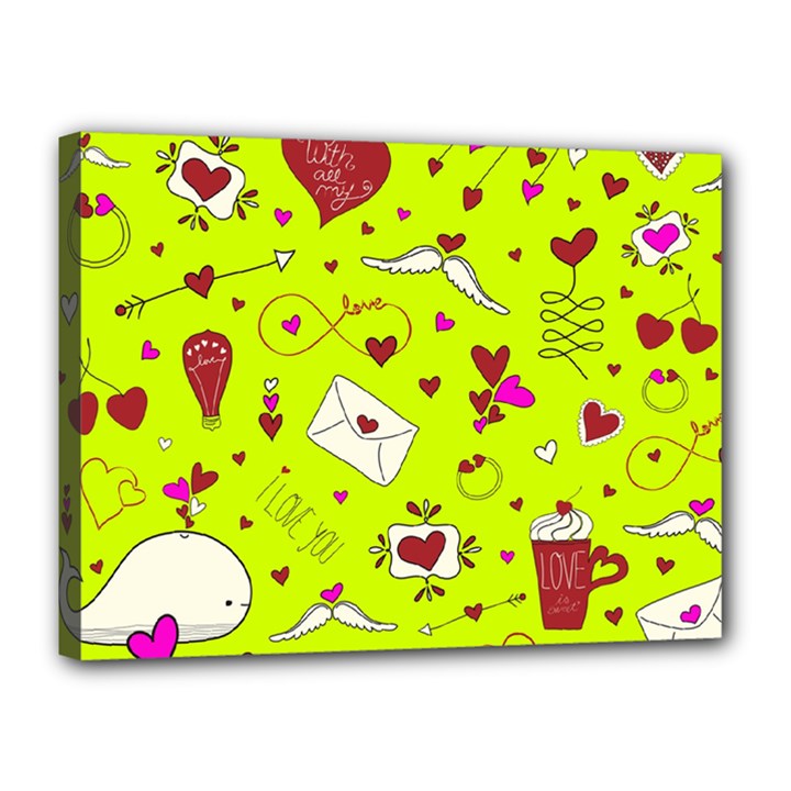 Valentin s Day Love Hearts Pattern Red Pink Green Canvas 16  x 12  (Stretched)