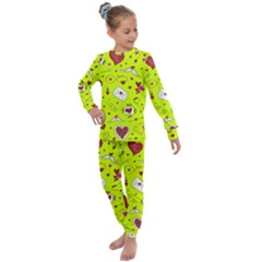 Valentin s Day Love Hearts Pattern Red Pink Green Kids  Long Sleeve Set  by EDDArt