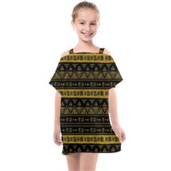 Native American Ornaments Watercolor Pattern Black Gold Kids  One Piece Chiffon Dress by EDDArt