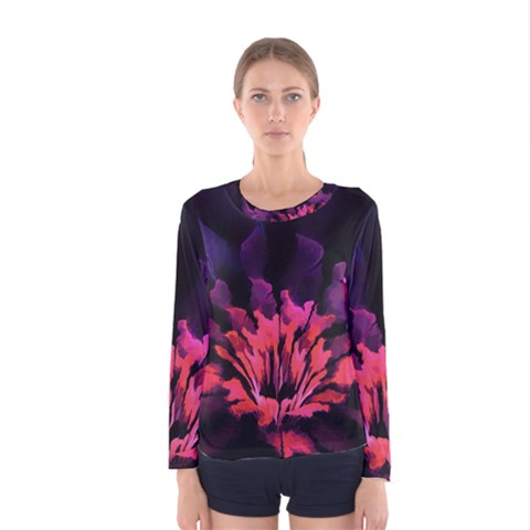 Floral Pink Fractal Painting Women s Long Sleeve Tee by Pakrebo