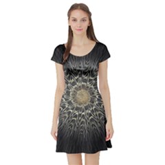 Fractal Mandala Feathers Grey Short Sleeve Skater Dress