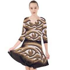 Golden Ornament Round Art Form Quarter Sleeve Front Wrap Dress