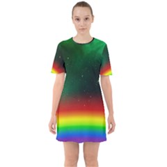 Galaxy Rainbow Universe Star Space Sixties Short Sleeve Mini Dress by Pakrebo