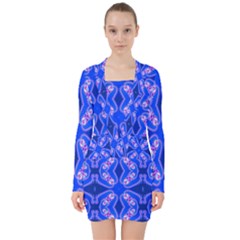 Seamless Fractal Blue Wallpaper V-neck Bodycon Long Sleeve Dress by Pakrebo