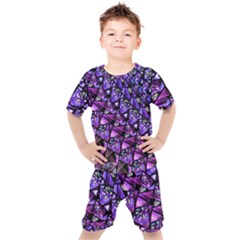  Blue Purple Shattered Glass Kids  Tee And Shorts Set by KirstenStar