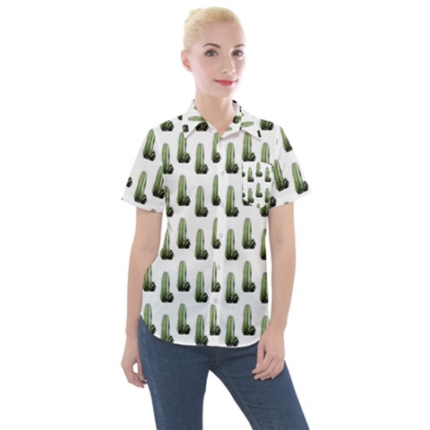 Cactus White Pattern Women s Short Sleeve Pocket Shirt by snowwhitegirl