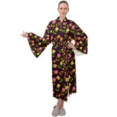 Flowers Roses Brown Maxi Tie Front Velour Kimono
