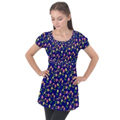 Flowers Roses Blue Puff Sleeve Tunic Top by Bajindul